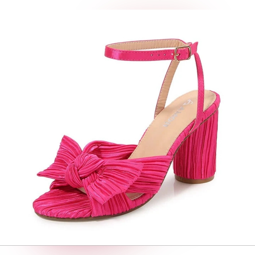 Amoji Women's Fushia Block Heeled 3.7" Sandal Bowknot, Sz 40 / 8.5us